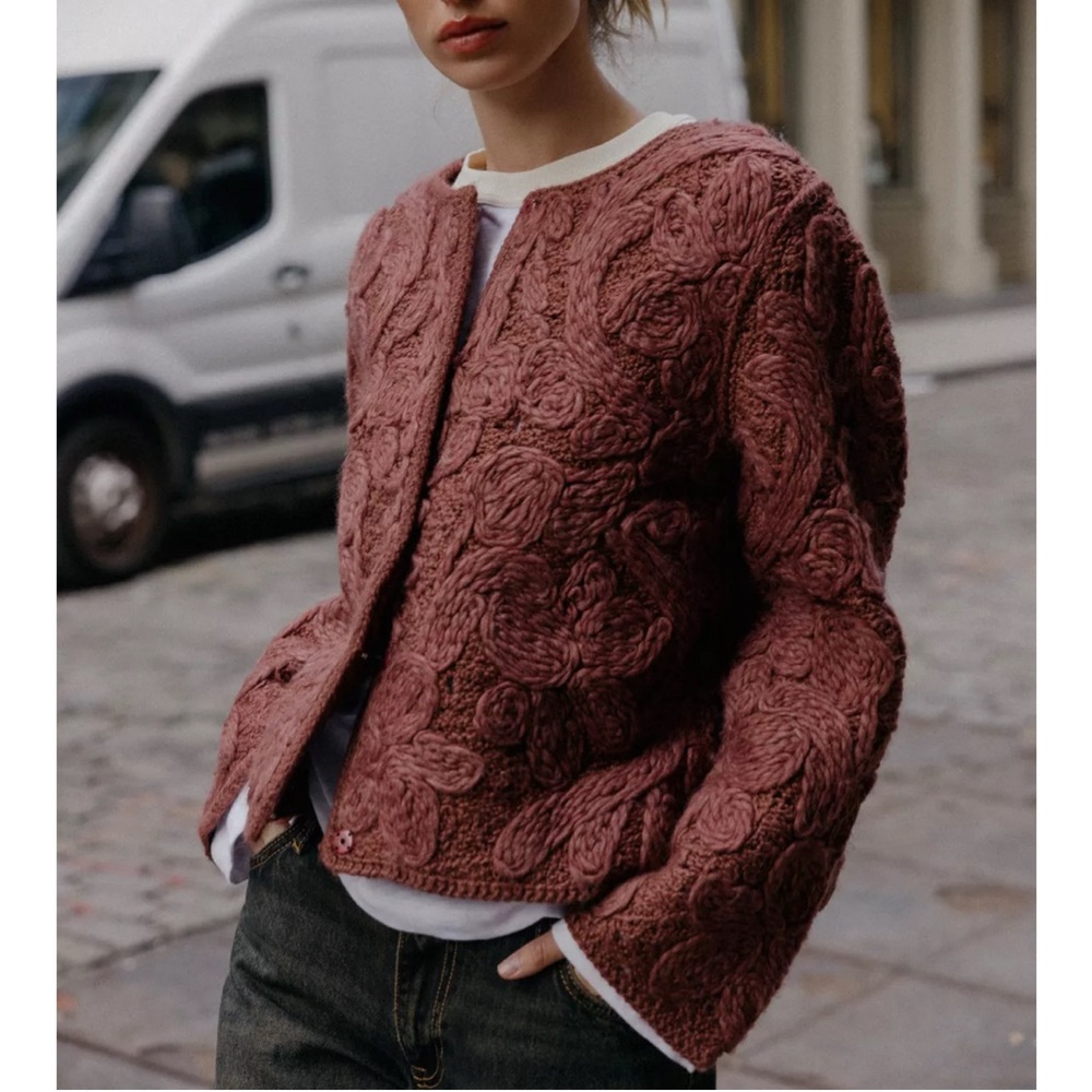 Zara Macrame Knit Wool Jacket - Burgundy